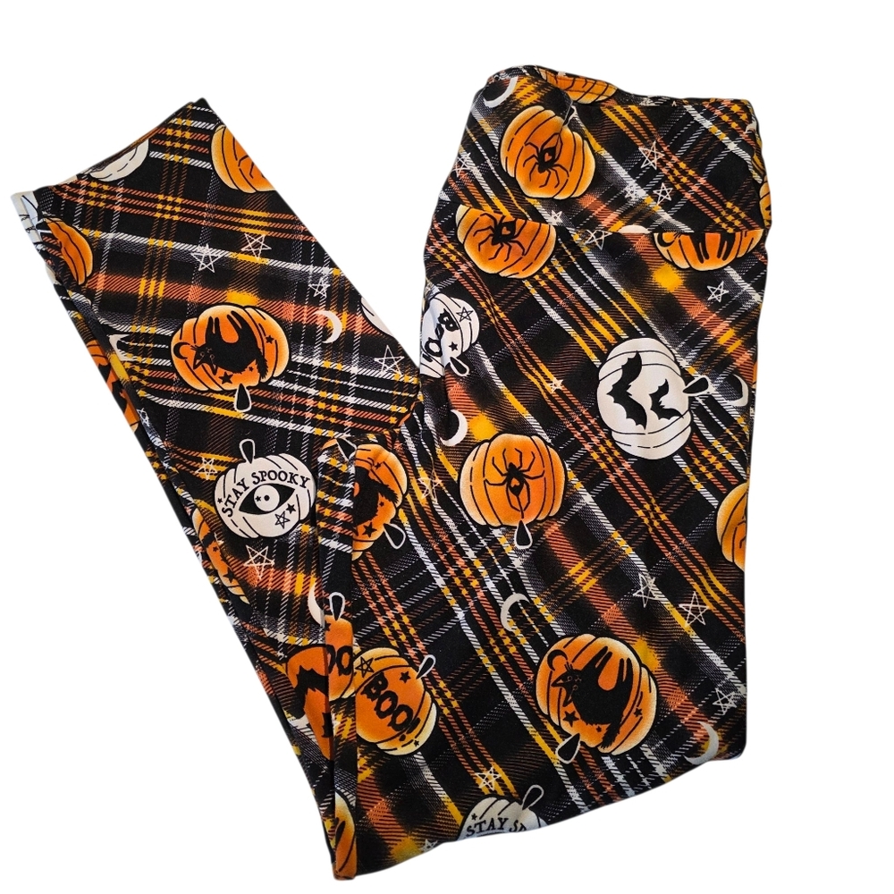 Halloween Pumpkin Black Cats Plaid Leggings Juniors XL 15-17 No Boundaries EUC